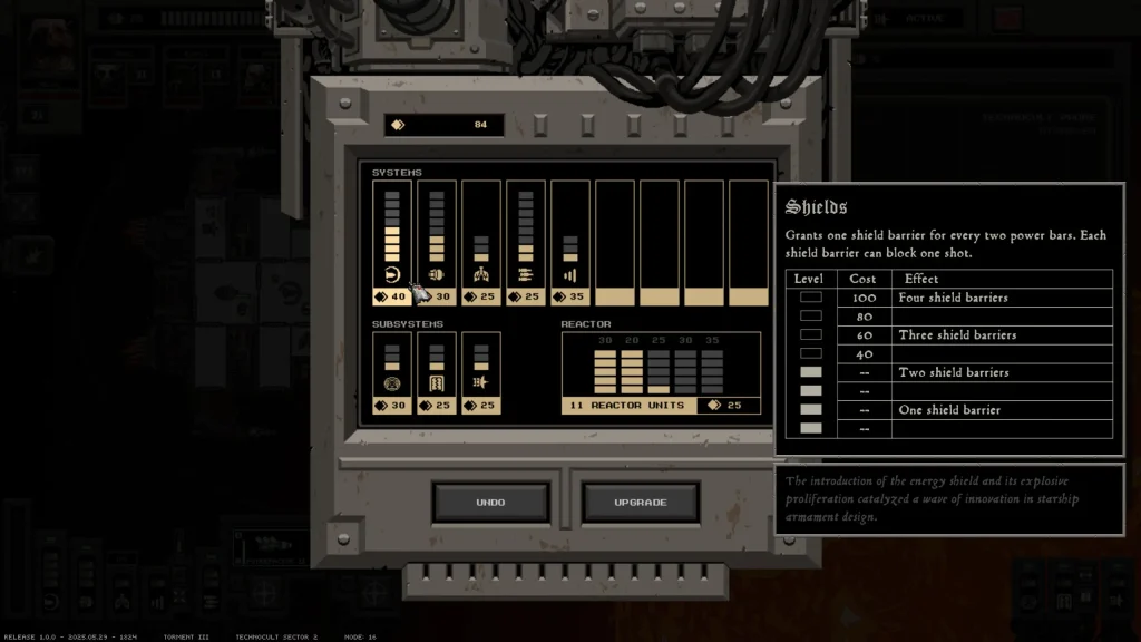 Void War Upgrades Panel Showing Cables