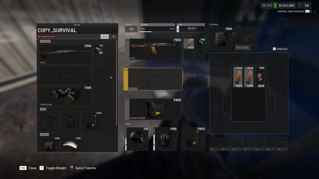 Wardogs Inventory Screen While Looting Another Player